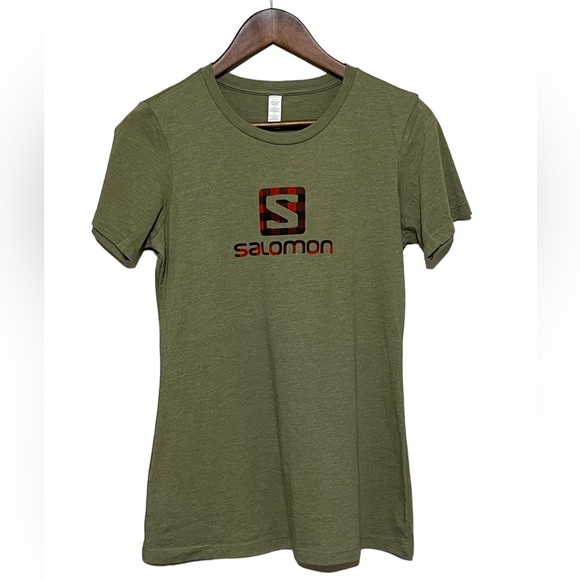 Salomon T-shirt Olive Green Red Plaid Logo Womens Size Large Crewneck Casual - Picture 1 of 5